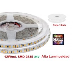 Tira LED Flexible 24V 12W/mt 140 Led/mt SMD 2835 IP20, Alta Luminosidad IRC-98, rollo 10mts